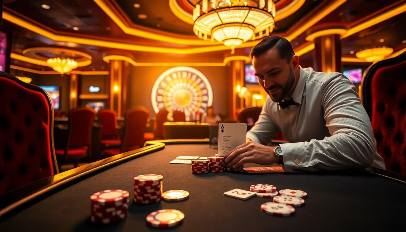 Experience the thrill of sun win at a luxurious casino with vibrant tables and excited players.