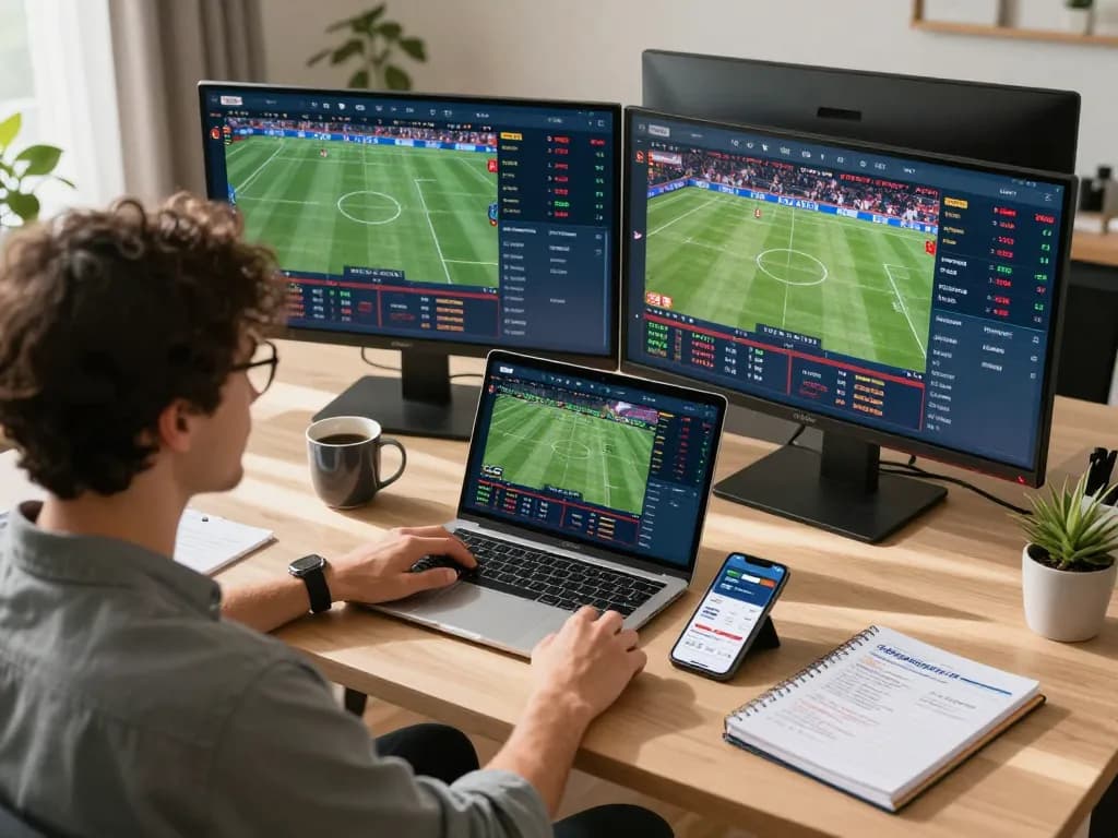Tỷ Lệ Kèo Nhà Cái showcased as a user analyzes sports betting odds on multiple screens in a dynamic home office.