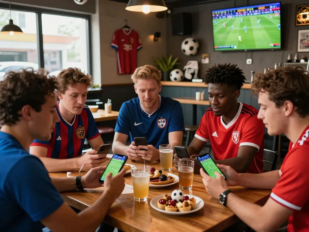 Enthusiastic fans discussing soccer tipsters' predictions in a lively sports bar during match day.