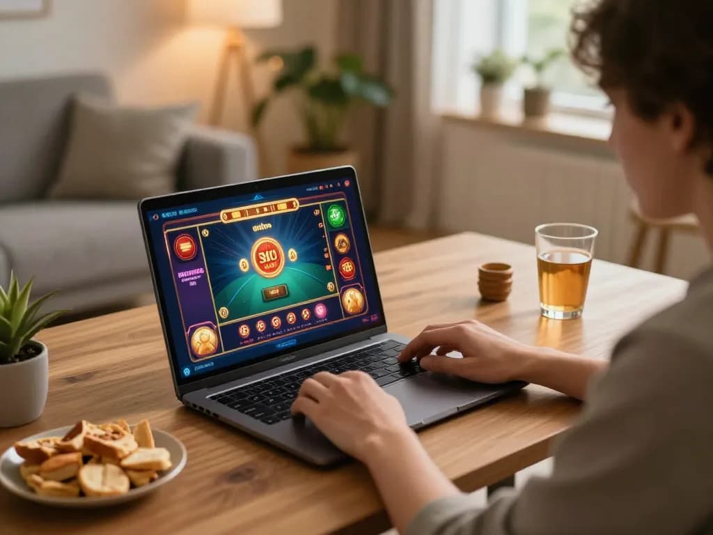 Experience the excitement of online gambling with 999E in a cozy home setup.