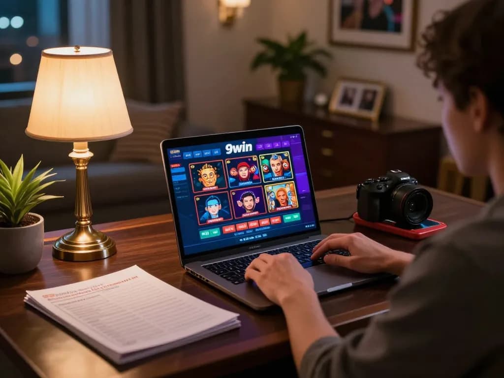 Engaging with 9win's online casino games in a stylish, cozy home setup.