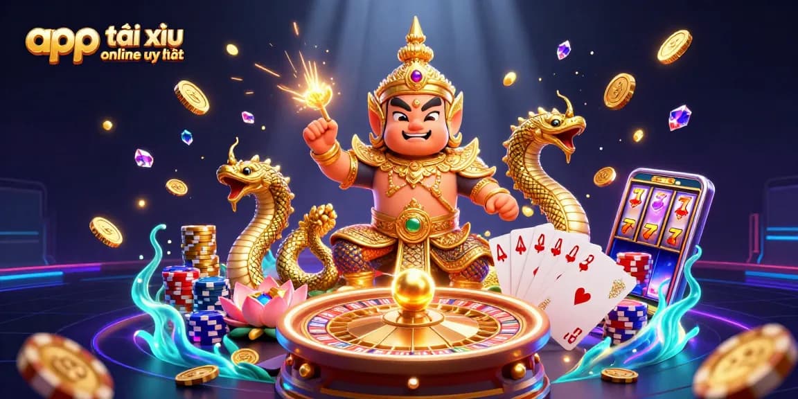 Play and win with the app tài xỉu online uy tín, featuring vibrant casino elements and engaging characters.