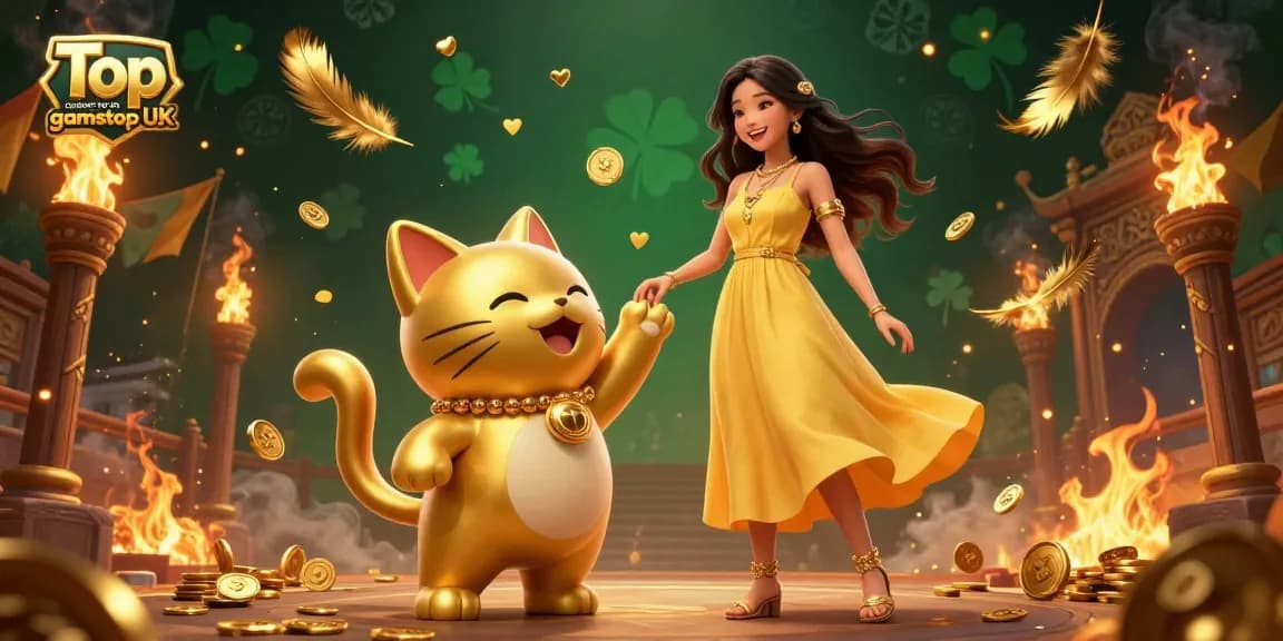 Engage with a stunning scene showcasing Top casinos not on gamstop UK, featuring a cheerful woman and golden lucky cat amidst vibrant casino elements.