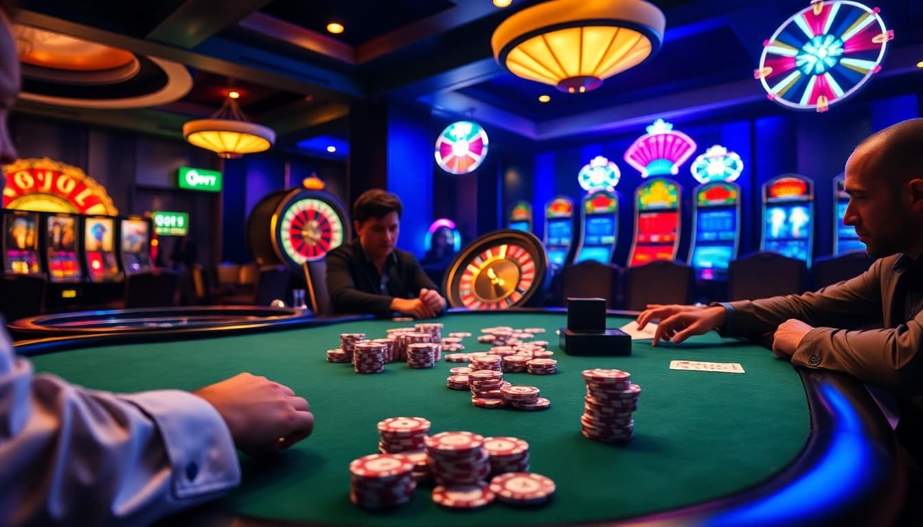 Engaging players in high-stakes poker at NOHU90, depicting an exciting casino atmosphere.