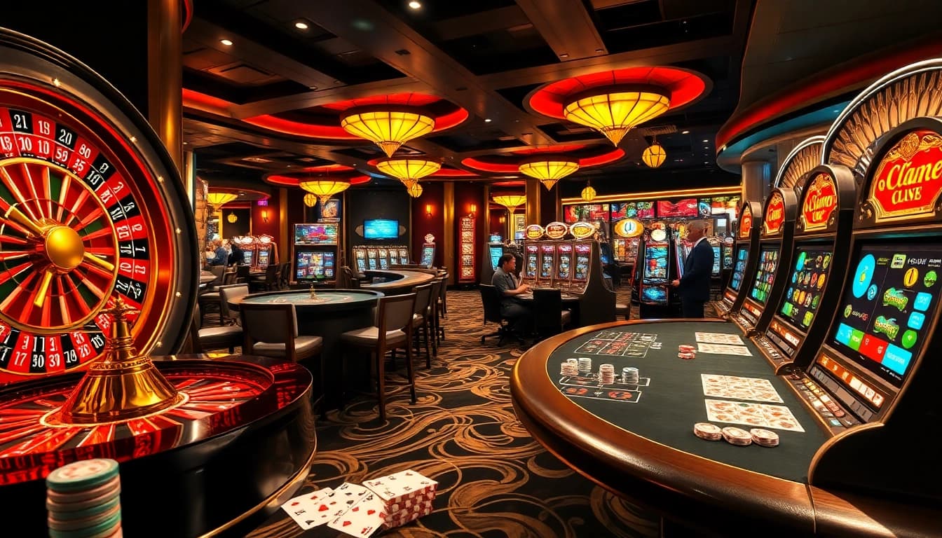Experience the excitement of gambling at the casino featuring luck 8-themed roulette and poker tables.