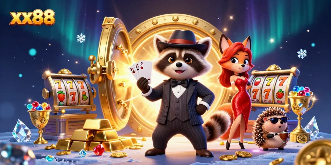 Engaging illustration of casino scene with xx88 branding, featuring characters and slot game elements.