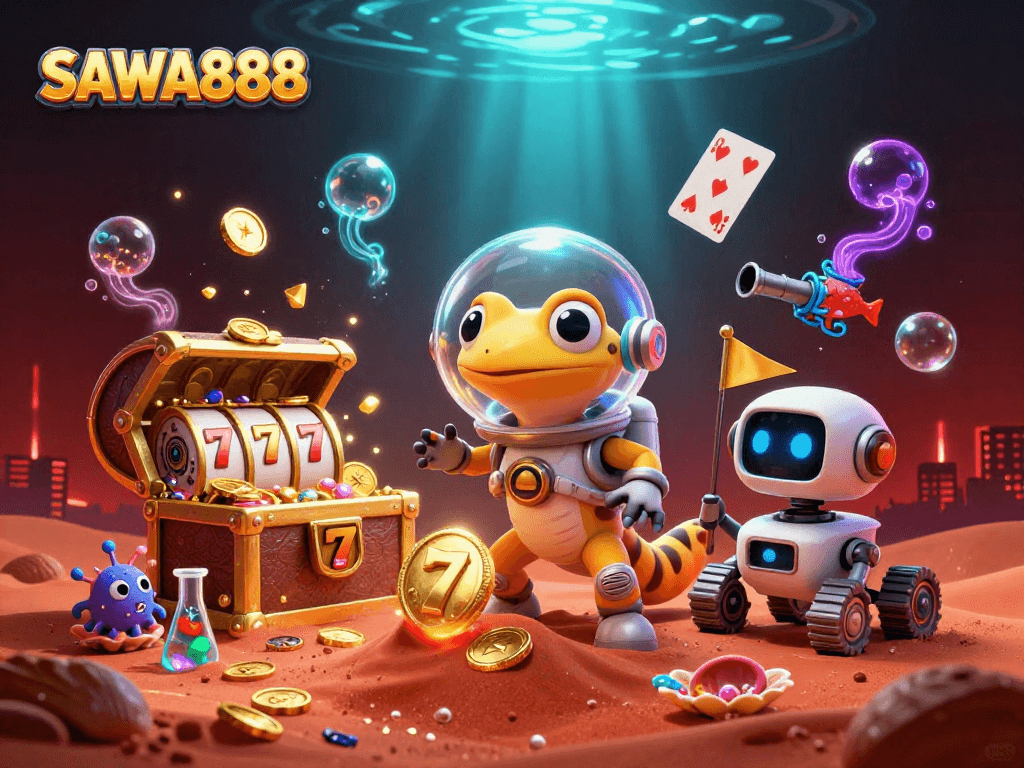 Experience winning gameplay at SAWA888, featuring vibrant casino elements under alien excitement.