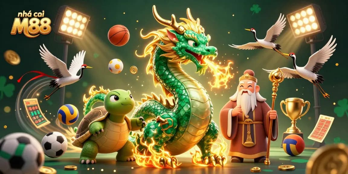 Engage with the vibrant graphics of nhà cái M88 showcasing dynamic sports betting elements in a rich 3D scene.