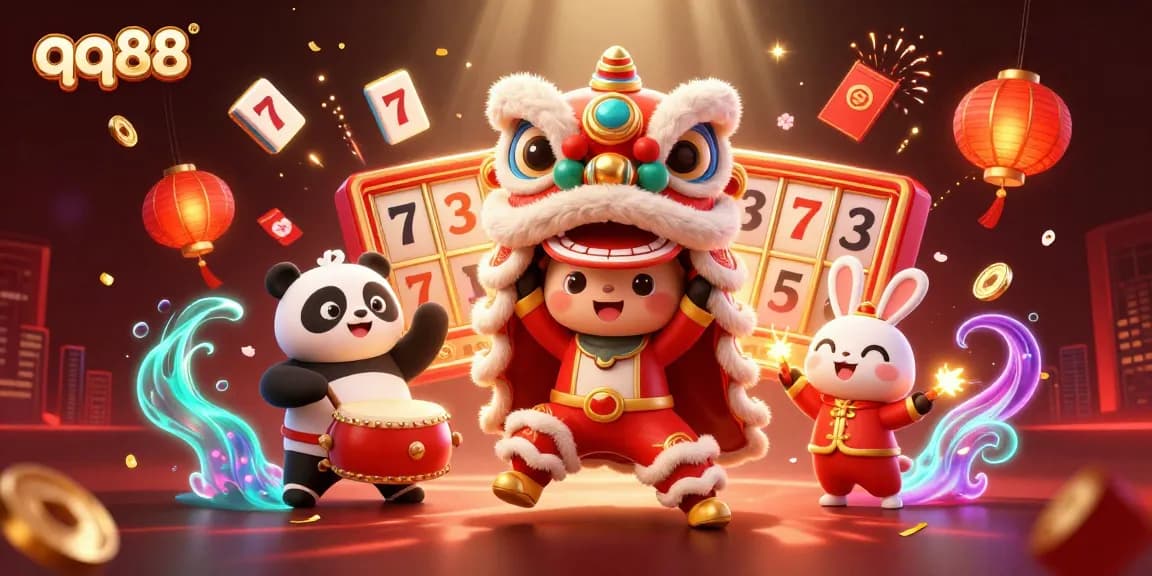 Experience exciting slot adventures with qq88 in this vibrant 3D illustration featuring a festive lion dance scene.