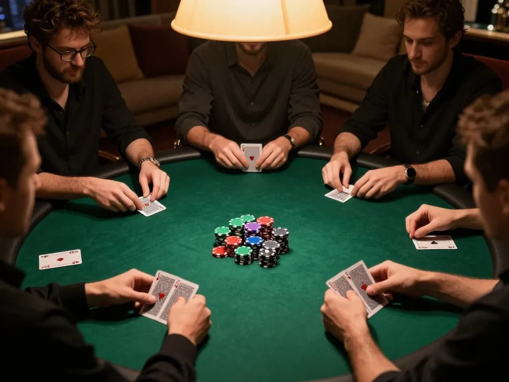 Engaged players at an iwin club poker night strategizing their next move with colorful chips and cards.
