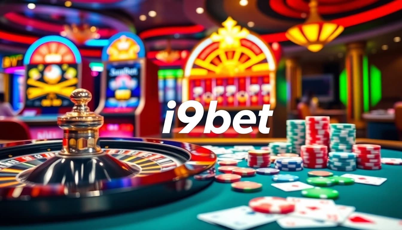 Experience the excitement of winning at i9bet with a vibrant casino scene showcasing roulette, poker chips, and slot machines.