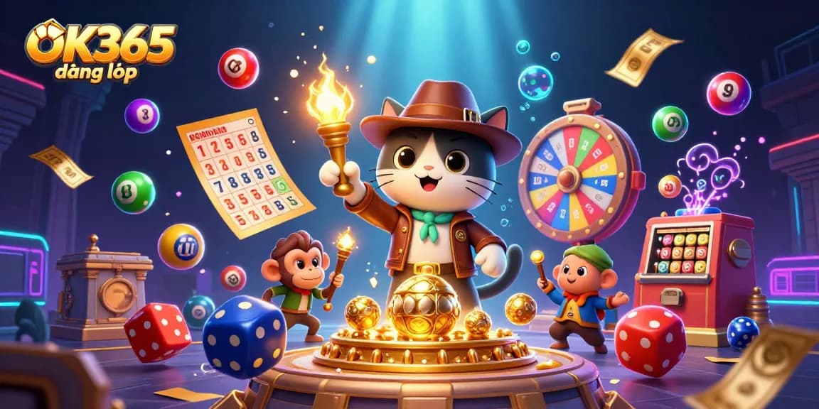 Experience the vibrant excitement of OK365 đăng nhập with colorful casino artifacts and lottery elements.