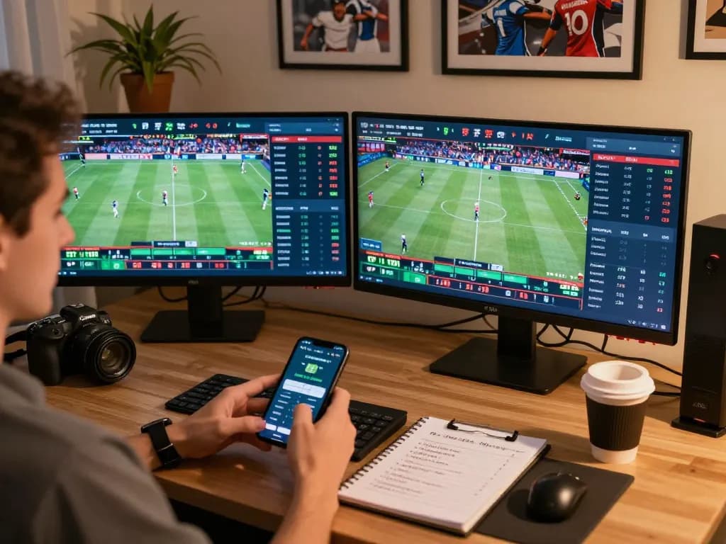 Engaging sports betting experience at home with fc88k app on smartphone and live event monitors.