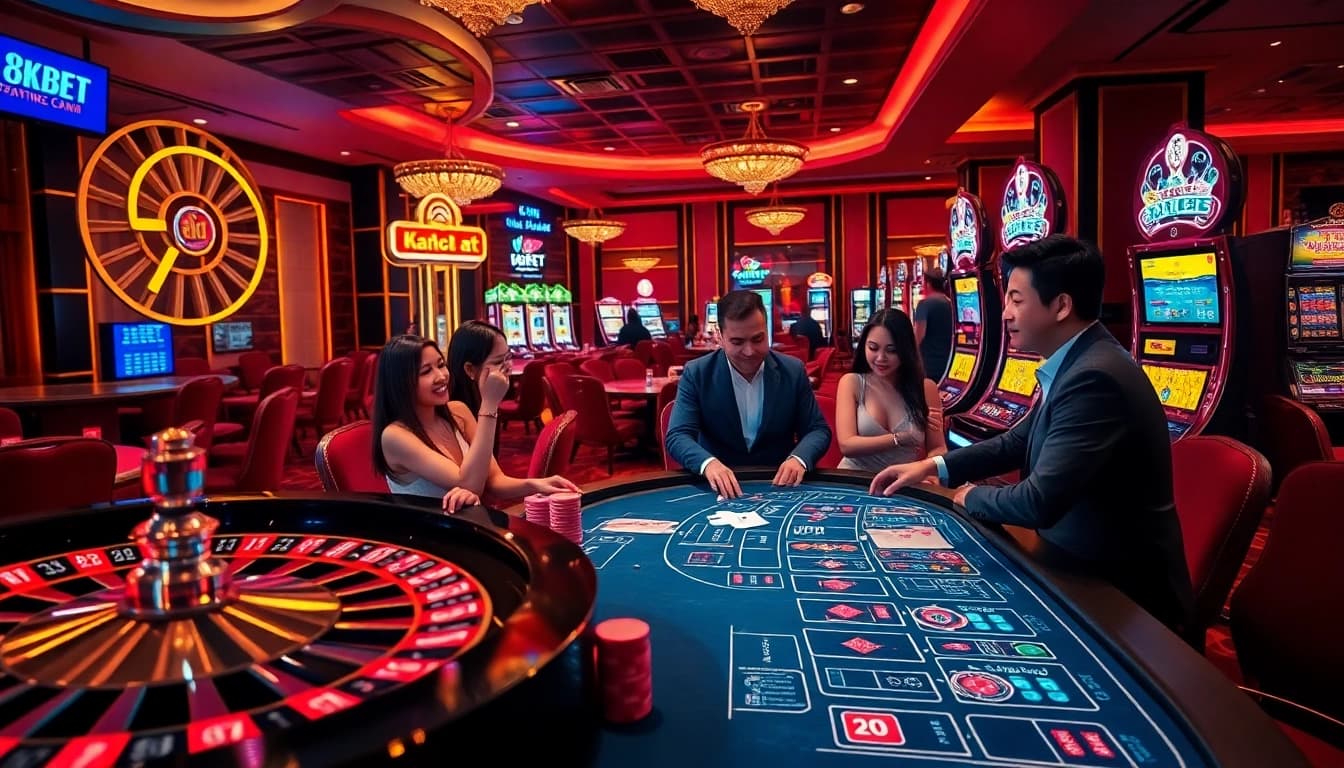 Nạp tiền 8KBET with excitement at a luxurious casino showcasing vibrant games and interactive interfaces