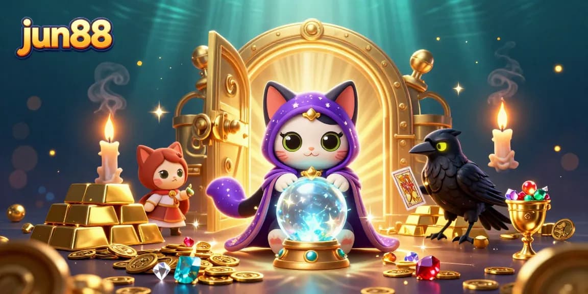 Experience thrilling wins at jun88 with a captivating mystical casino illustration featuring vibrant characters and treasures.
