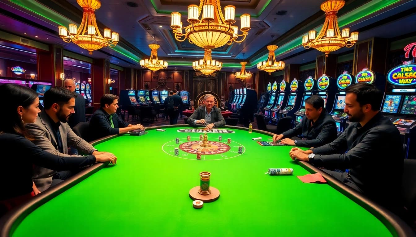 Engaging players at km1888b enjoying thrilling poker and slot games in a vibrant casino.