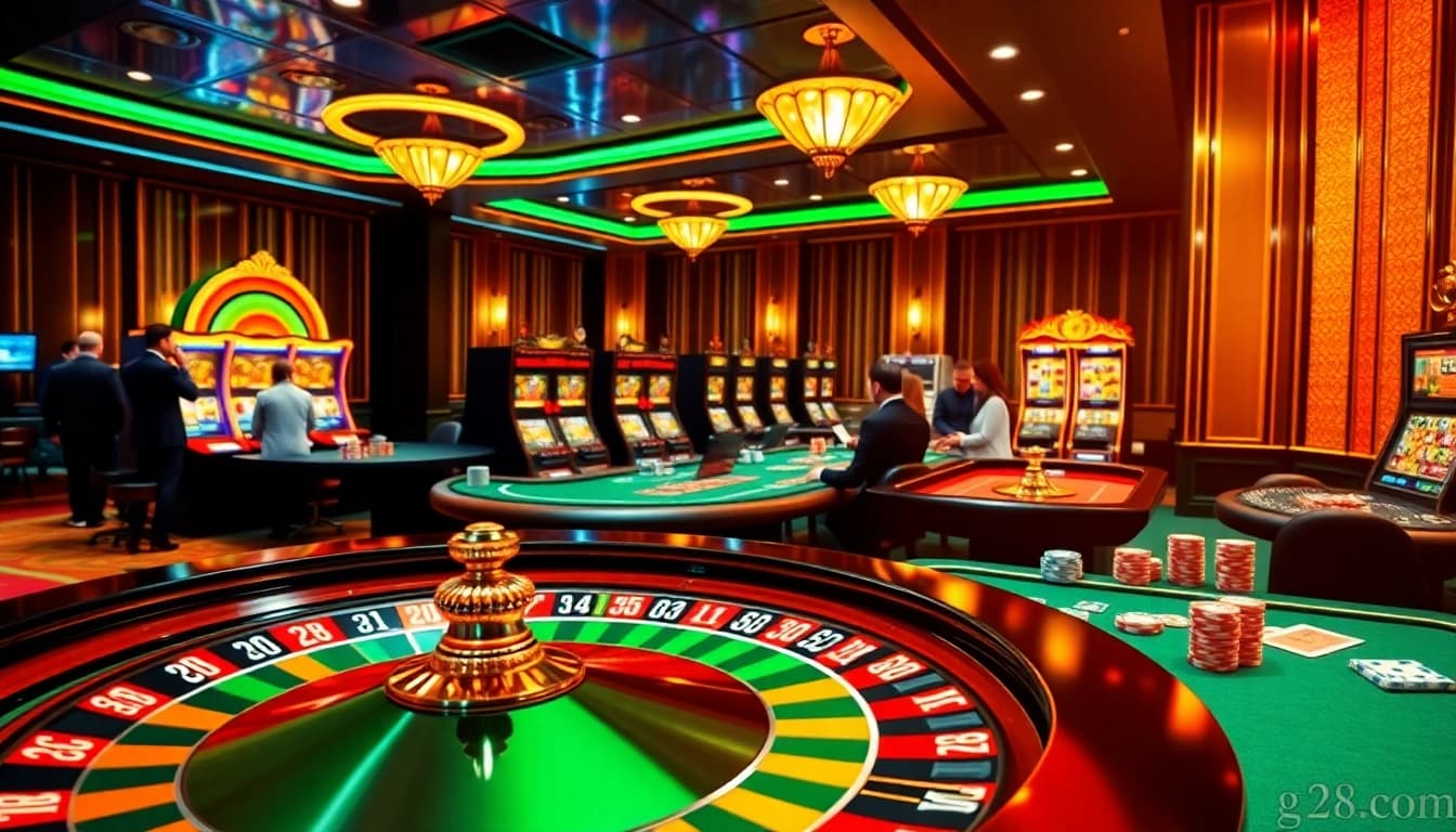 Experience the thrill of g28 com as players engage at the roulette table in a luxurious casino setting.