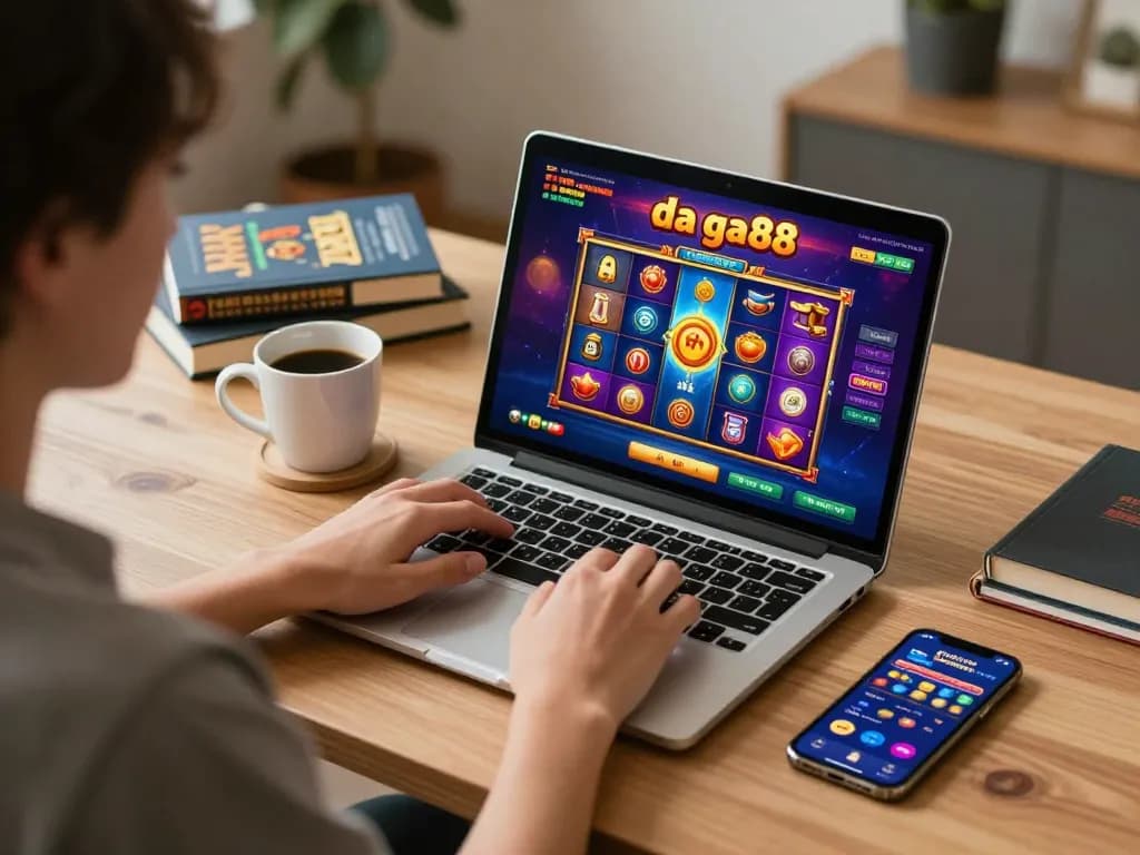 Engaging in da ga88 online slots game on a laptop, showcasing the immersive gaming experience.