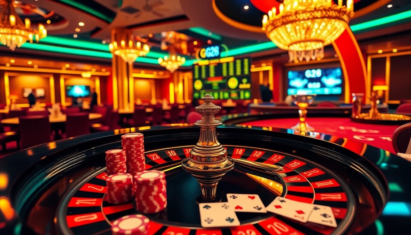 G28 sports betting excitement illustrated with roulette tables and vibrant casino chips.