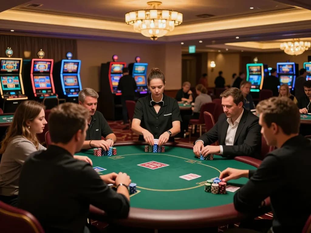 Good88 players strategizing at a poker table in a luxurious casino atmosphere.