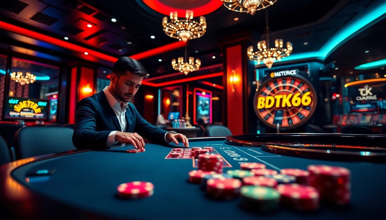 Experience thrilling poker gameplay with BDTK66 at a luxury casino table surrounded by vibrant chips and cards.