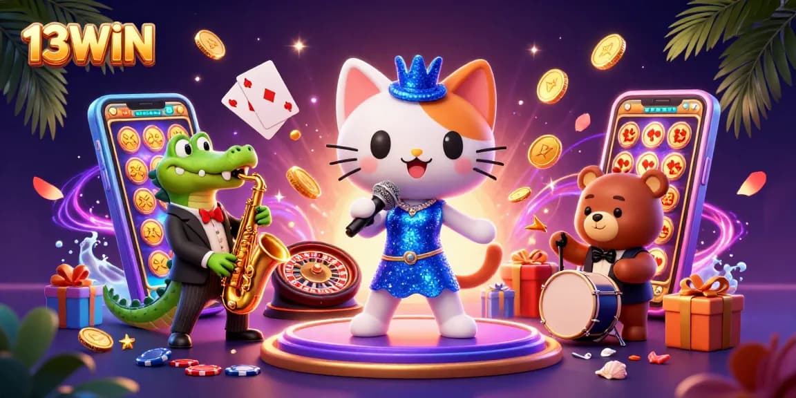 Experience the excitement of 13WIN with animated characters and lively casino elements showcasing vibrant gambling action.