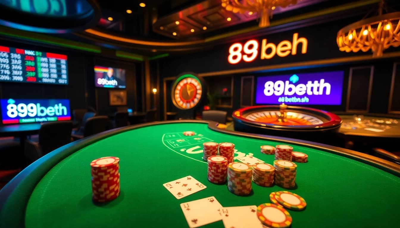 Experience thrilling gameplay at 89bet.sh with vibrant poker chips and cards in an elegant casino.