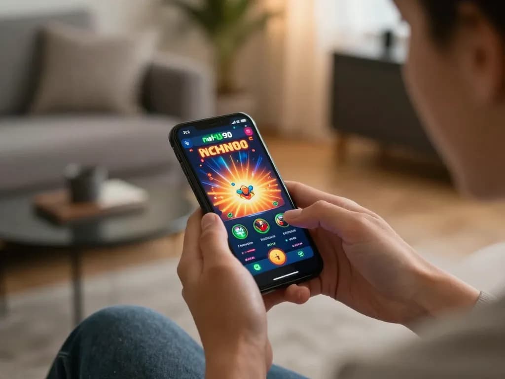 Player engaging with the nohu90 casino app on smartphone, showcasing dynamic gaming experience.