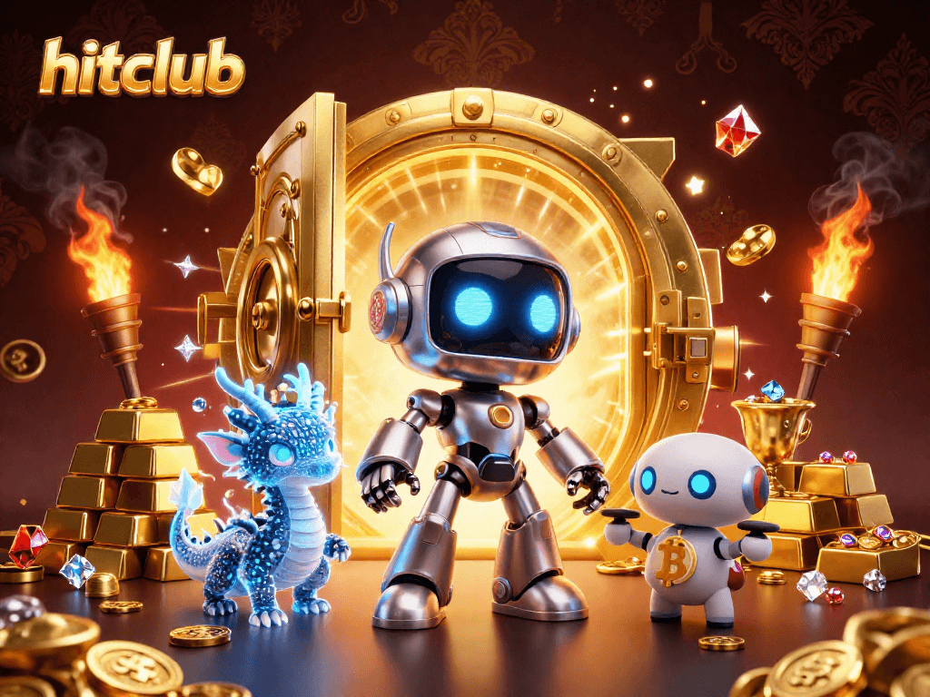 Experience the vibrant hitclub atmosphere with a dynamic robot mascot, treasure, and gaming elements.