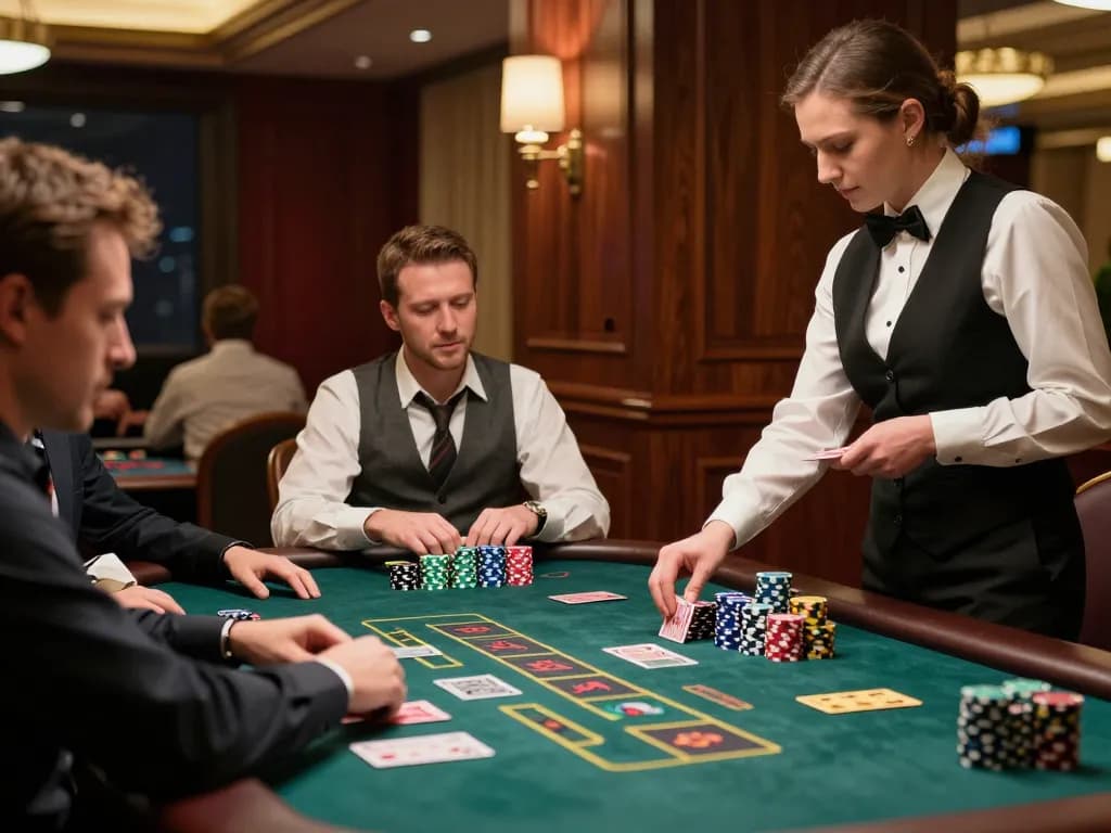 Players strategizing at GO8 blackjack table, intense gameplay showcasing skill and precision