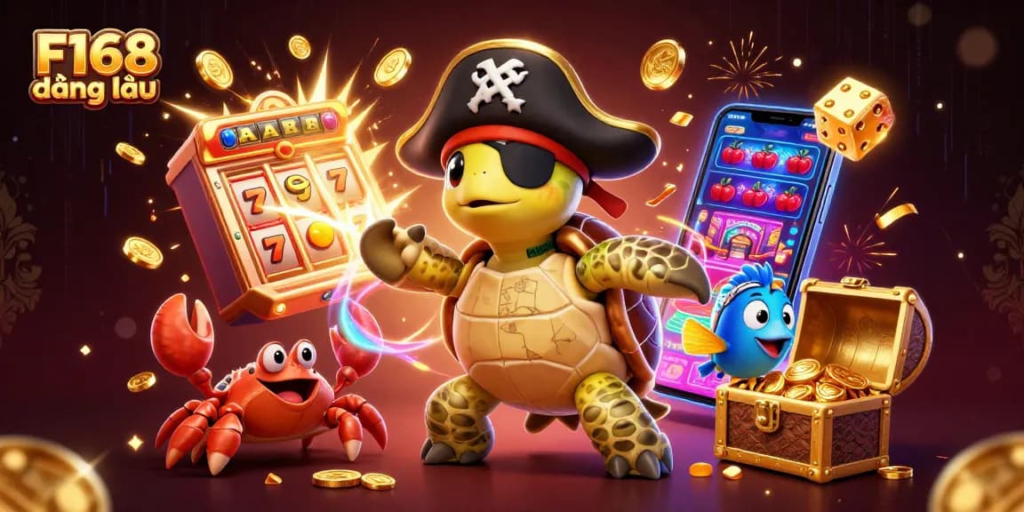 Experience the thrill of F168 đăng nhập with a playful turtle, hermit crab, and parrotfish above slot machines and treasures.