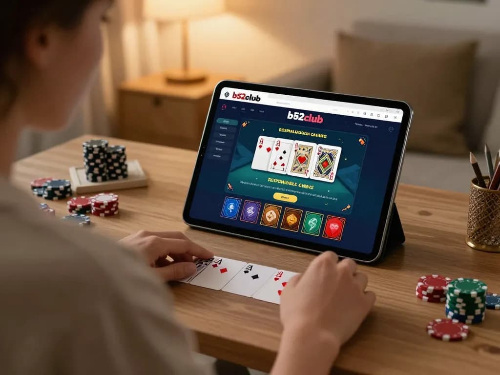 B52club player enjoying online casino game in cozy home office setting