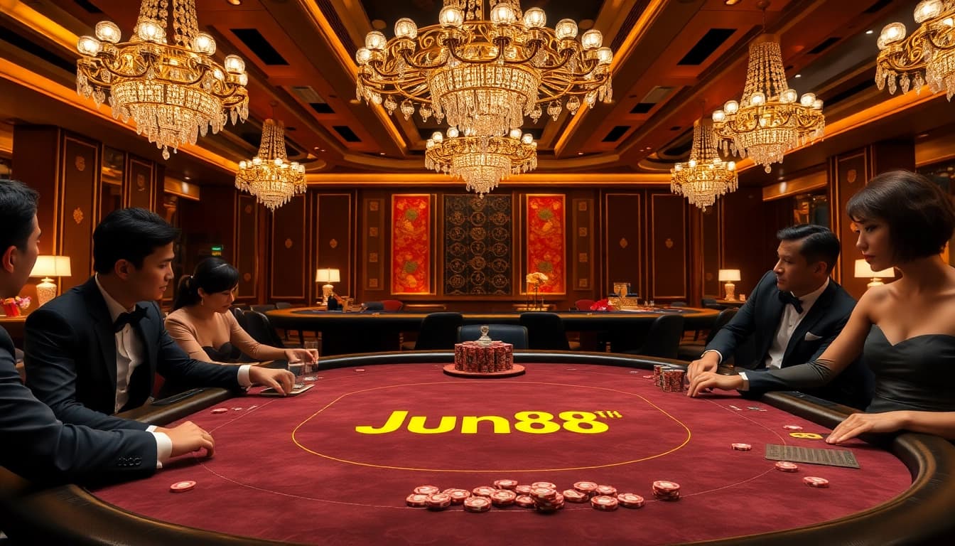 Players enjoying an exciting game of poker at Jun 88's luxurious casino table.