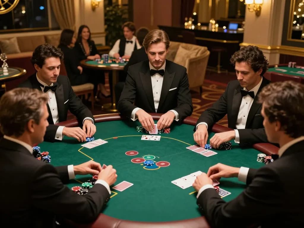 HELLO88 poker players strategizing around a green felt table in a luxurious casino environment.