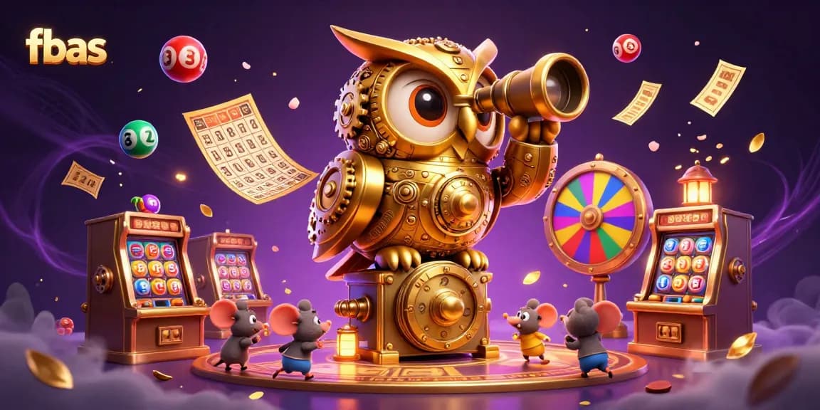 fbas showcases a dazzling 3D casino scene with a golden owl overseeing slot games and lottery action.