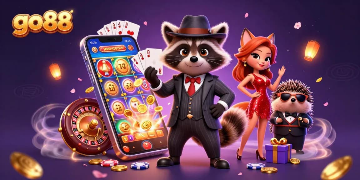 Engaging characters at go 88 casino celebrating wins through colorful slot games and poker