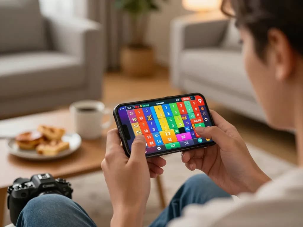 Player enjoying lô đề game on smartphone, with vibrant betting numbers displayed, in a cozy home setting.