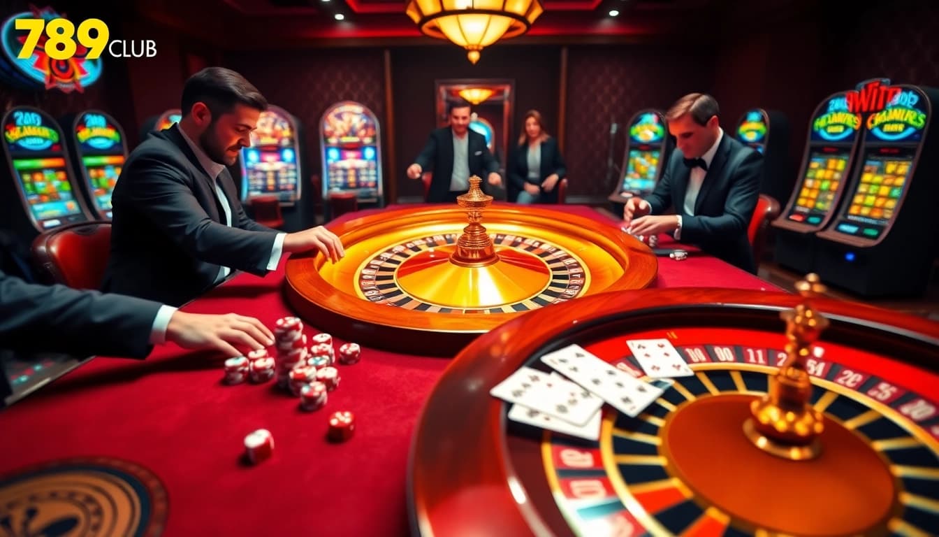 Players enjoying a thrilling game at 789club casino, featuring poker cards and chips.