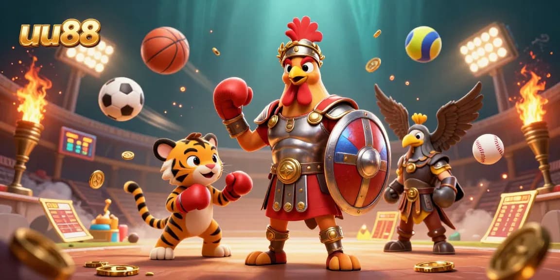 uu88 showcases an intense scene with a gladiator rooster and tiger cub, capturing the thrill of the online casino world.