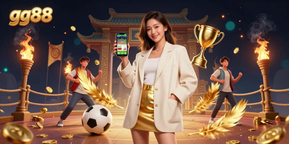 Experience exciting sports betting with gg88 as a beautiful Asian woman holds a smartphone showcasing the app.