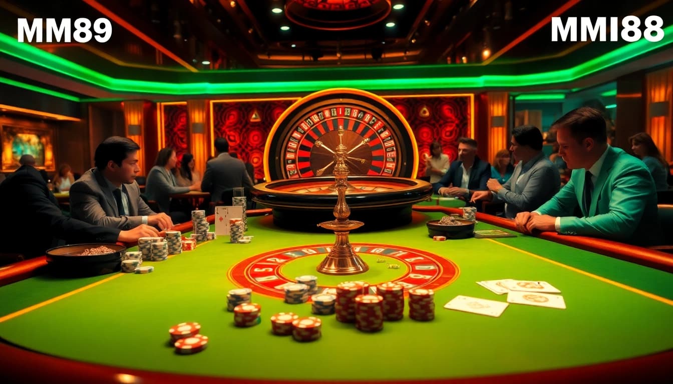 Experience the thrilling atmosphere at MM88 with vibrant casino tables, poker chips, and excited players.