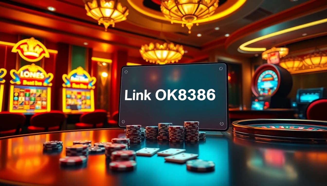Engage with Link OK8386 at a stylish casino table featuring vibrant slot machines and poker chips.