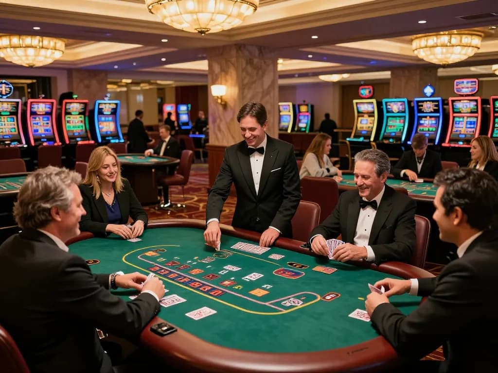 Sunwin blackjack action with players engaging at tables, vibrant casino atmosphere