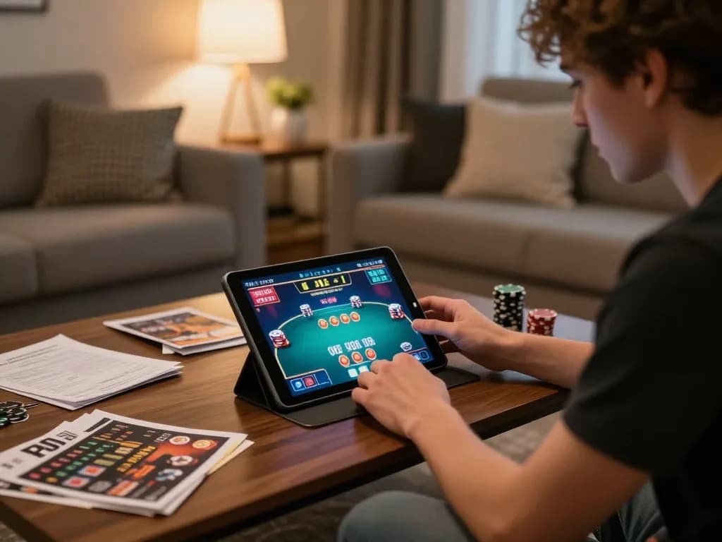 Player engaging in online poker with lucky88a app on tablet in cozy home setting, reflecting strategic gameplay.