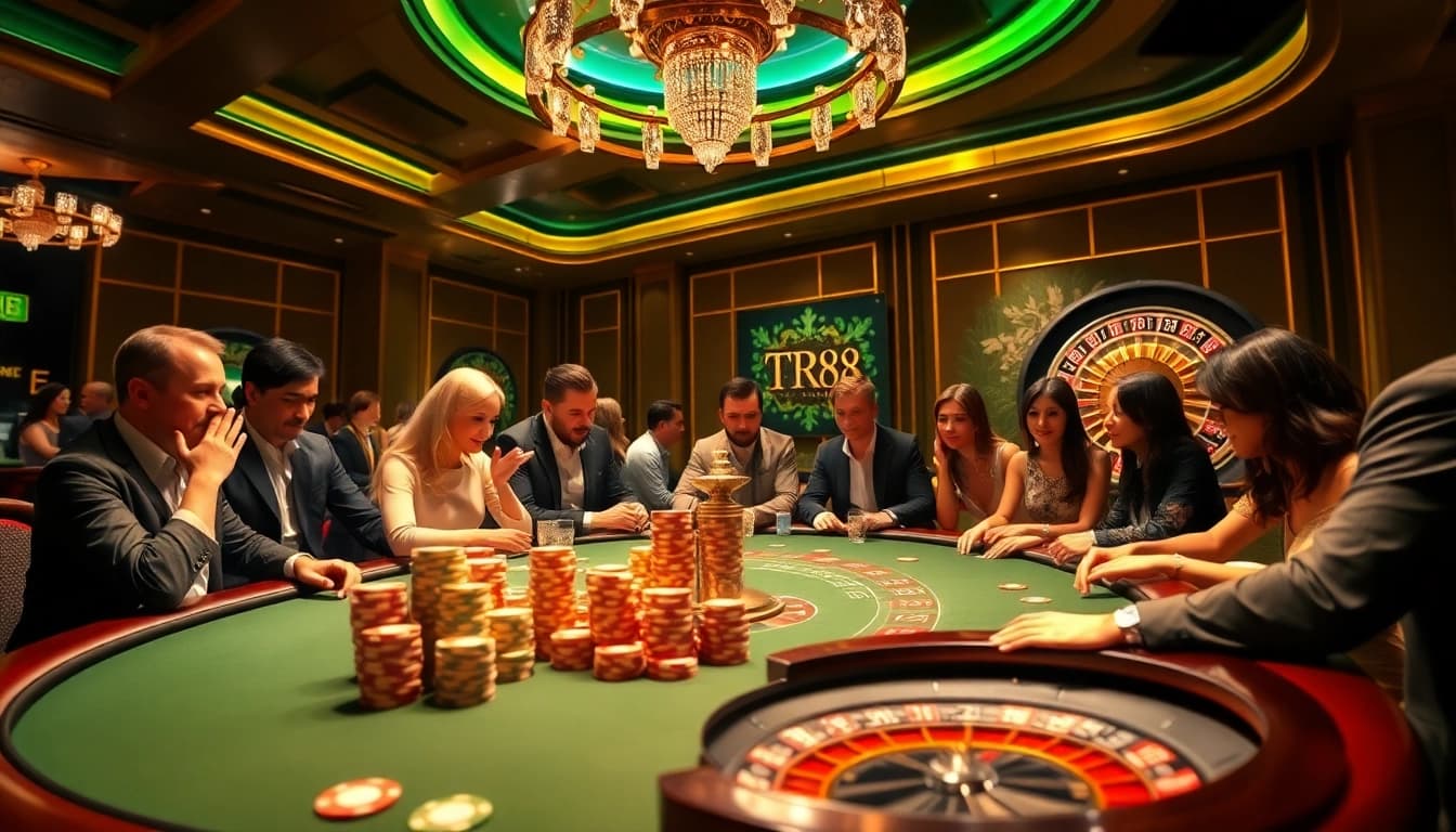 Exciting gambling action at a poker table and roulette wheel inspired by https://tr88.autos/ in a luxurious casino setting.