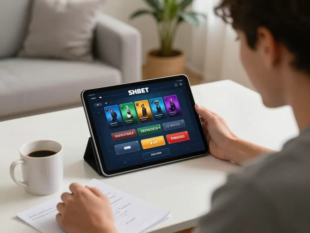 Engaging with the SHBET casino app in a cozy home setup, showcasing responsible gaming