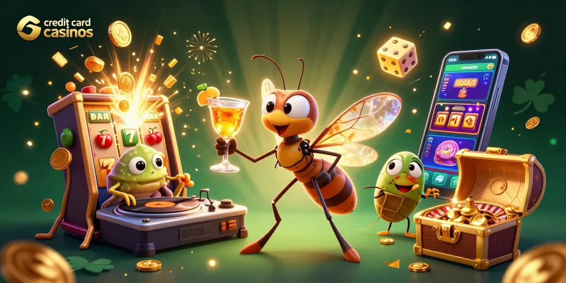 Experience the excitement of credit card casinos with a vibrant scene showcasing a mosquito mascot, trilobite DJ, and dynamic game elements.