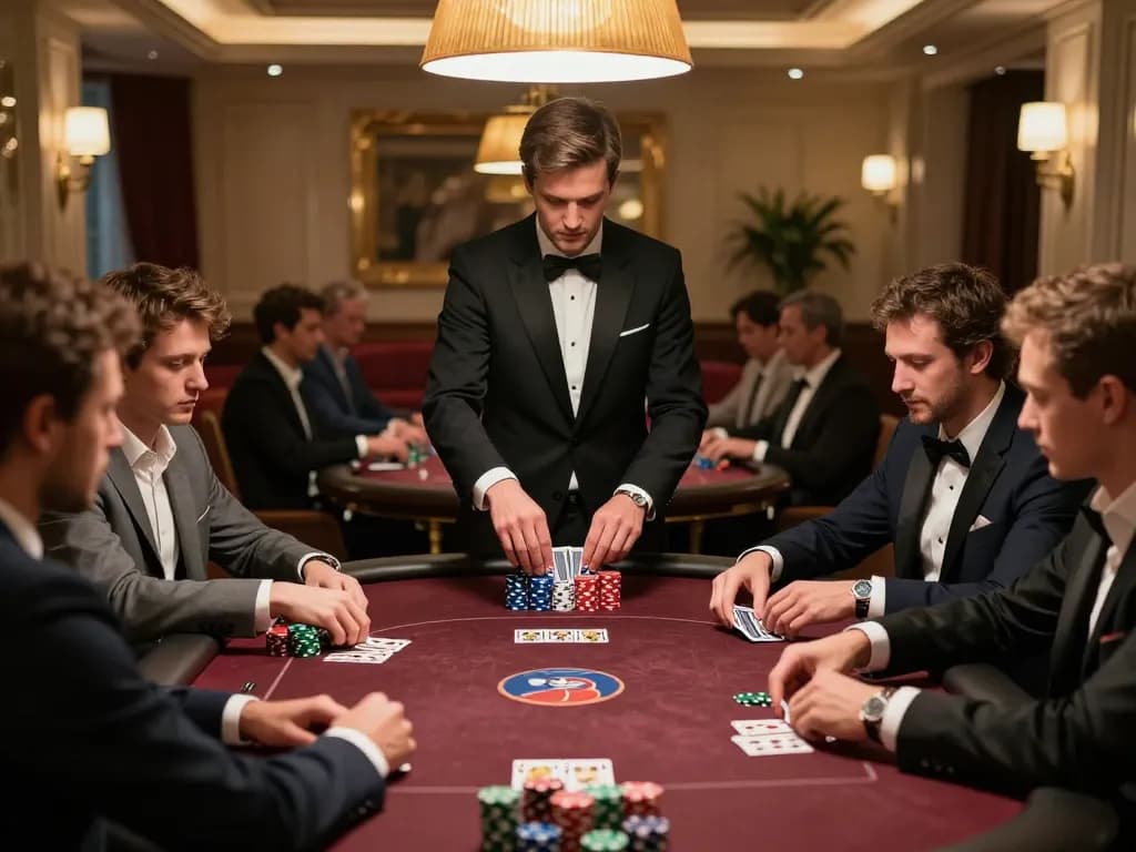 Engaged players enjoying a high-stakes poker game at https://kjc365.com/ in an upscale private room.