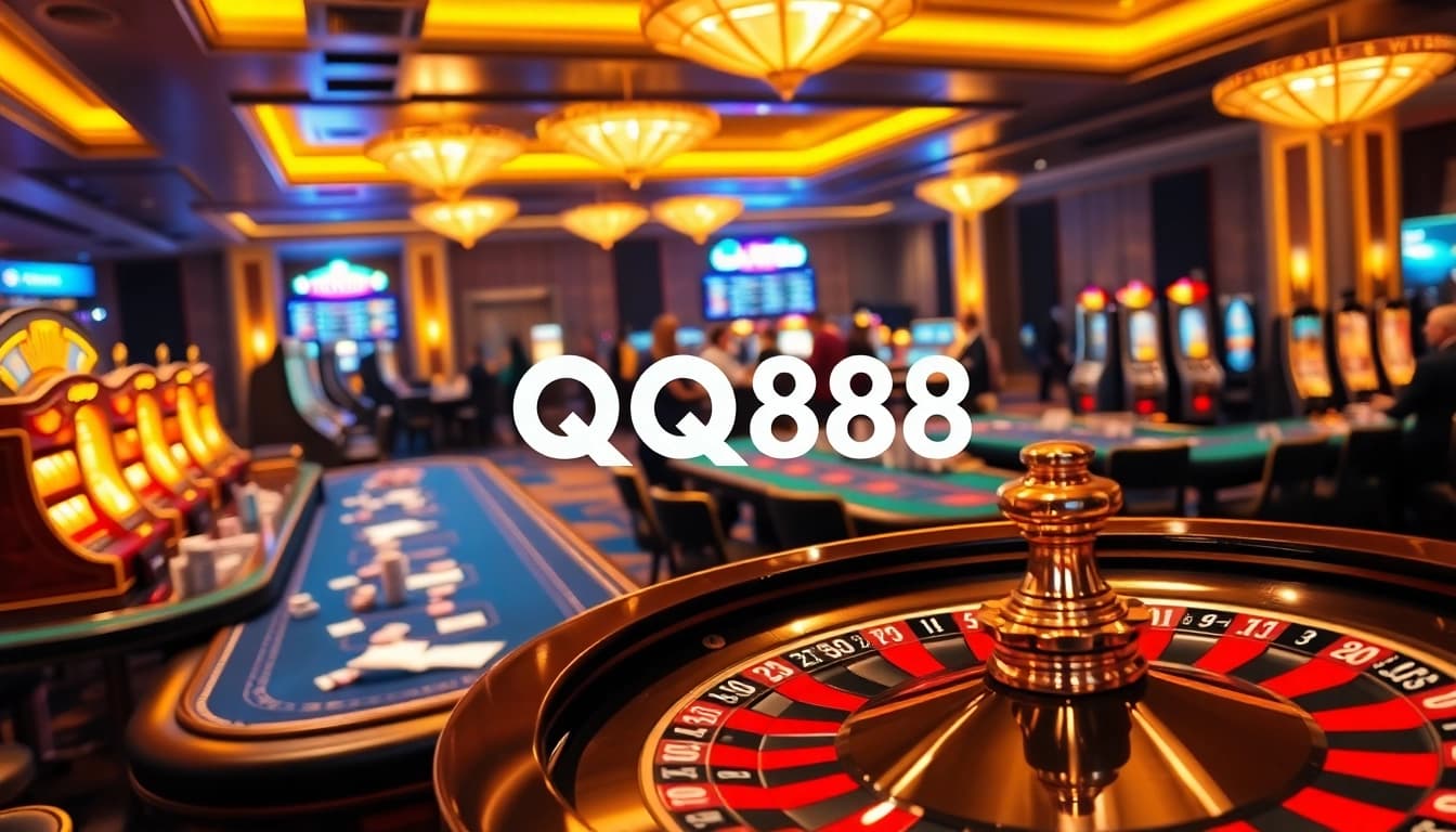Experience a thrilling QQ88 casino atmosphere with lively gaming tables and players engaged in action.