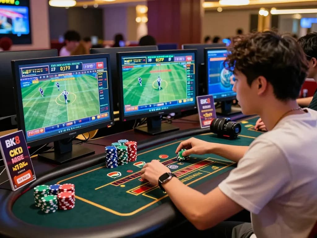 Engaged player betting on BK8's vibrant online gambling platform with multiple screens showing live events.